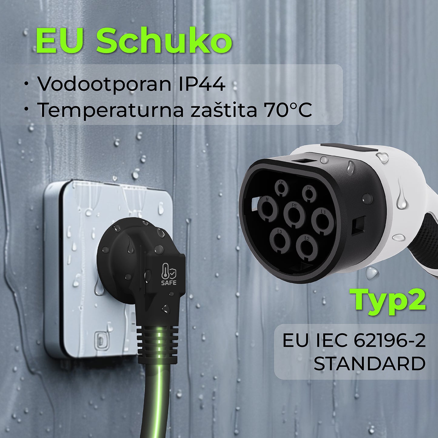 RHEIDON TECH Prijenosni 3,6kW EV punjač tipa 2, 7,5m kabel, IP65, Schuko utikač